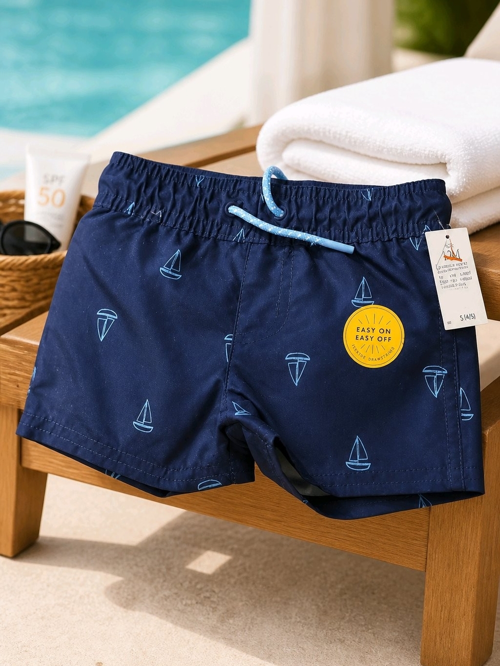 Cat & Jack Navy Swim Trunks with Light Blue Sailboat Print